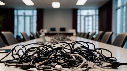 Tidy up meeting room table with organized charging cables setup for efficient work environment