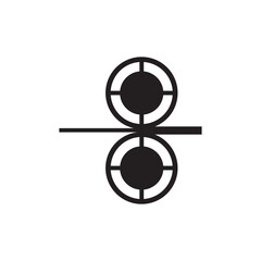 Obraz premium Black and white logo featuring two concentric circles with inner dots, connected by a horizontal line through the center.