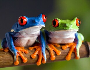 Fototapeta premium Two colorful tree frogs on a branch (1)