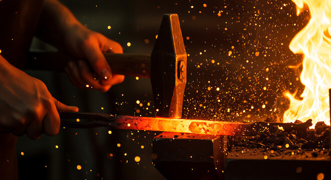 Blacksmith Working Hot Metal with Hammer - Powered by Adobe