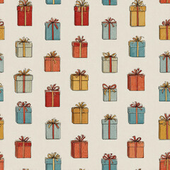 A colorful pattern of boxes with bows on them