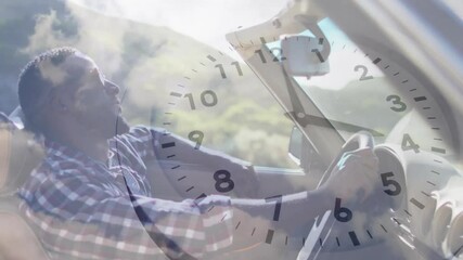 Automotive driver gripping wheel, driving winding road, clock overlay fading and marking time lapse - Powered by Adobe