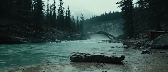 Misty river scene with a fallen tree
