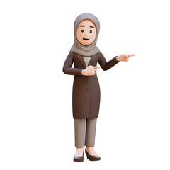 3D muslim business woman character is pointing to the left