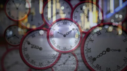 Starting near 11 o'clock red clocks ticking showing time passing while light scanning city backdrop