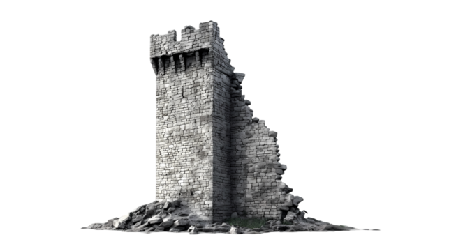 A stone tower with a crumbling side standing  a stark  in a desolate scene isolated on transparent background