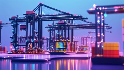 Futuristic maritime cargo port at dusk with cyber neon lights, ships loading, a reflection of a vibrant shipping - Powered by Adobe