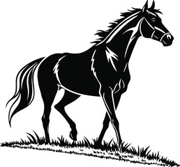 Running black horse silhouette vector illustration with mane and tail outline