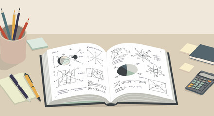A study workspace with books, charts, and a calculator. The image emphasizes academic work, studying, and data analysis, highlighting the importance of research and learning in a scholarly environment