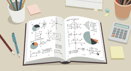 A study workspace with books, charts, and a calculator. The image emphasizes academic work, studying, and data analysis, highlighting the importance of research and learning in a scholarly environment