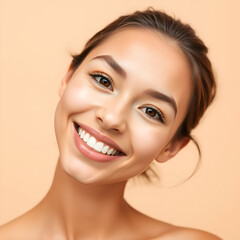 Obraz premium Young attractive smiling woman with perfect skin, isolated on beige background, concept of female natural beauty