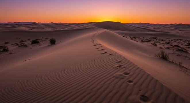 Sunset over desert sand dunes with footprints