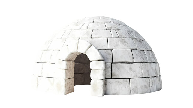 A close up view of a white igloo constructed from blocks of ice with  behind it isolated on transparent background