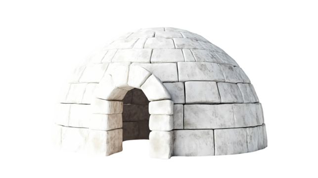 A close up view of a white igloo constructed from blocks of ice with  behind it isolated on transparent background - Powered by Adobe