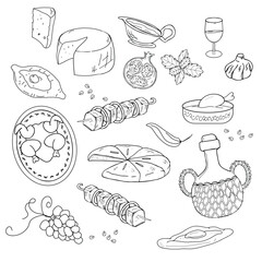 Caucasian Cuisine Hand-Drawn Doodles – Traditional Food Collection. A collection of hand-drawn traditional Caucasian food illustrations. Includes wine jug, khachapuri, shashlik, herbs, cheese, grape, 