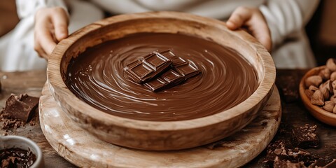 Melted Chocolate in Wooden Bowl