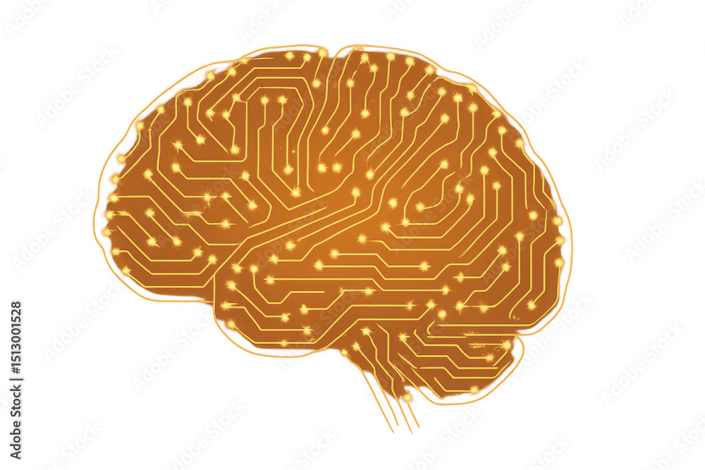 Poster printed circuit board in the shape of human brain representing artificial intelligence, machine lear