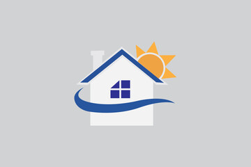 Simple house logo with sun and blue swoosh real estate and home construction logo with sun and arc design