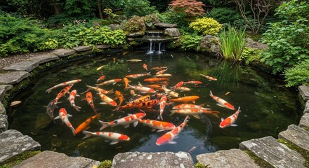 Colorful koi fish swimming in garden pond