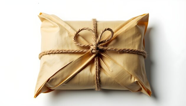 A parcel wrapped in brown paper and tied with twine, on a plain white background