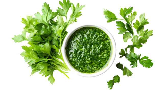 Overhead view of a bowl of green sauce surrounded by fresh parsley  isolated on transparent background - Powered by Adobe