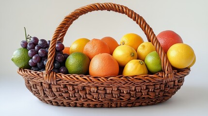 Artisanal Woven Basket Overflowing with Vibrant Citrus Fruits and Juicy Grapes Against a Soft Neutral Backdrop Perfect for Healthy Eating Concept
