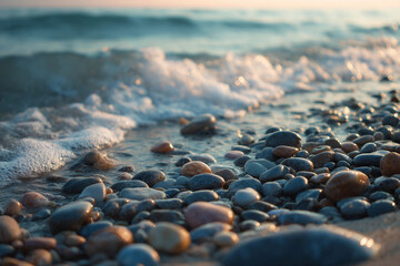 Obraz premium A rocky shoreline with a large body of water in the background