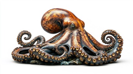 Giant octopus extending its curling tentacles deep orange skin textured in ultra HD realism isolated on a white background