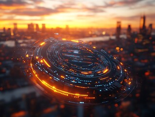 Futuristic Orb over Cityscape at Sunset