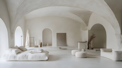 A minimalist, white interior design featuring a spacious room.