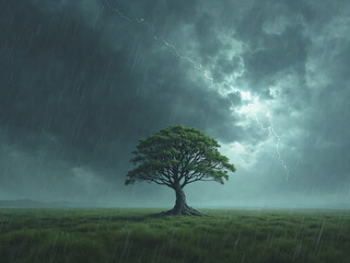 "Isolated tree standing in the middle of a vast field under dramatic storm clouds"