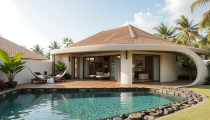 Fototapeta premium A modern tropical cottage with curved walls, tan clay roof tiles, open deck with rope hammock, and pool lined with black and tan natural stones.