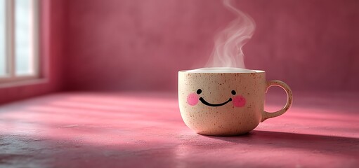 pink smiling mug mockup with steam on soft pink background