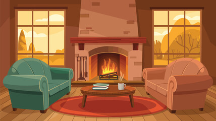 cozy living room interior with a fireplace and two sofa, window autumn view, flat vector illustration 