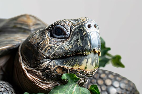 Giant tortoise munching on a leafy branch every wrinkle on its leathery skin visible isolated on a white background