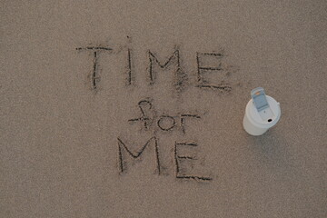 Time for Me – Handwritten Message on Volcanic Sand with Thermos Mug