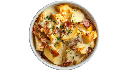 Overhead view of a potato and bacon casserole in a white ceramic dish   isolated on transparent background