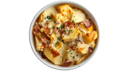 Overhead view of a potato and bacon casserole in a white ceramic dish   isolated on transparent background