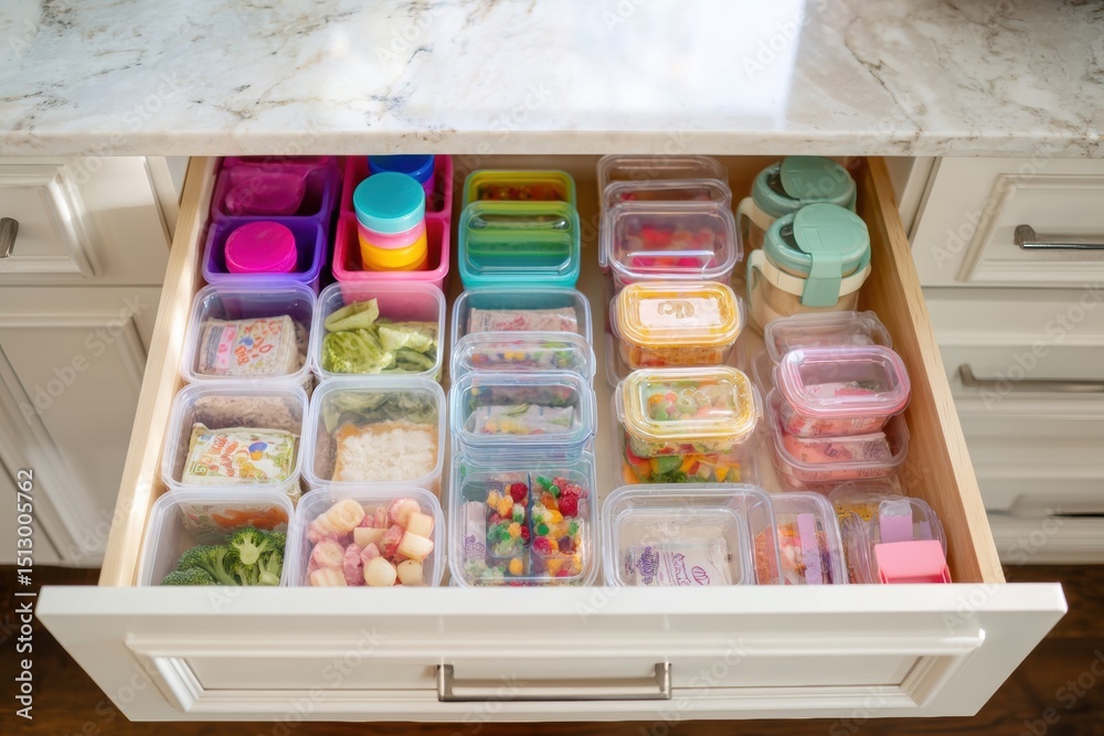 Poster organized drawer featuring a variety of frozen kid-friendly meals arranged neatly for easy access in