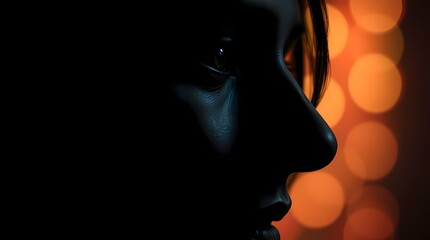 A close-up portrait of a person's face in silhouette, illuminated by a soft blue light, with a background of blurred orange circles