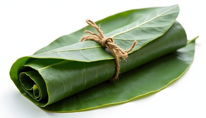 A rolled up banana leaf wrapped with twine on a white background