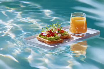 Side View of Floating Breakfast with Avocado Toast and Orange Juice on Crystal-Clear Pool Water