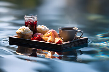Rustic Floating Breakfast with Freshly Baked Muffins, Strawberry Jam, Peaches, and Black Coffee on Reflective Pool Water