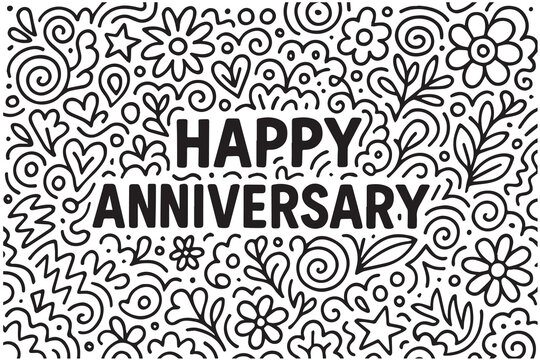 A black and white abstract doodle vector background with a happy anniversary theme, outlined in black, featuring hearts, ribbons, and festive elements.

