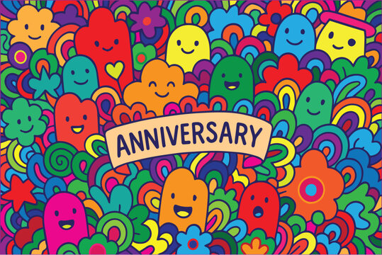 A colorful abstract doodle vector background designed for a happy anniversary theme, featuring hearts, swirls, and festive shapes in a playful style.

