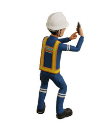 Isolate industrial worker is using the mobile phone  to taking a photo on transparent back ground