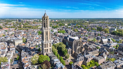 Utrecht town аerial drone view from above, typical Dutch city skyline, Utrecht cityscape with tower, canals and houses, Holland, Netherlands