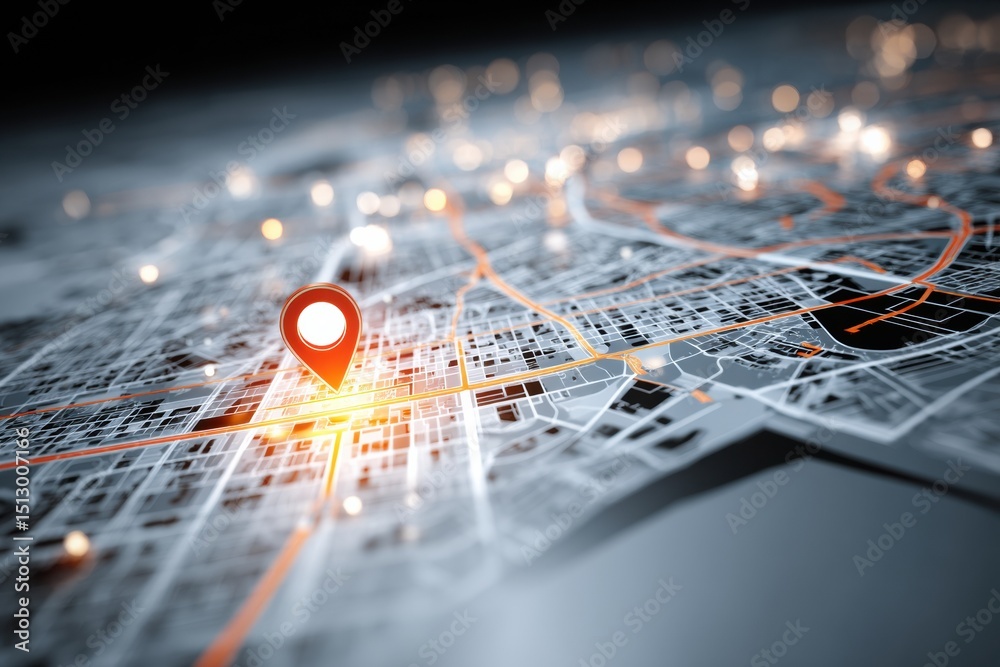 Poster pulsing delivery icon traverses digital map of urban city grid showcasing real-time logistics moveme
