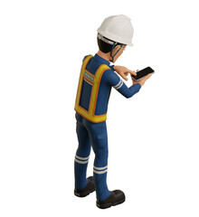 Isolate industrial worker is using the mobile phone  to taking a photo on transparent back ground