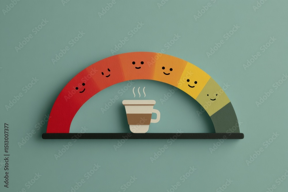 Poster mood scale depicting transition from anxious to calm with coffee icon, bright colors representing em
